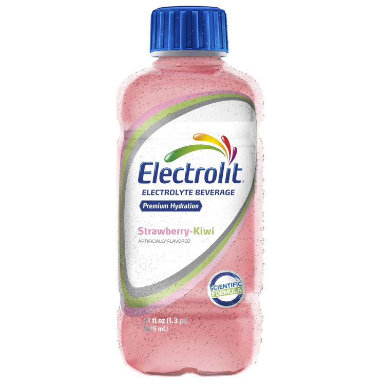 Electrolit Strawberry Kiwi hydration beverage in a 21oz bottle, featuring a colorful label with strawberries and kiwis.