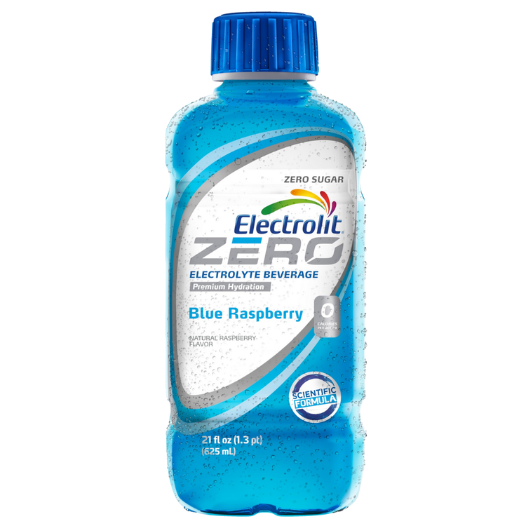 Blue raspberry Electrolit Zero hydration beverage in a 21oz bottle, designed for replenishing electrolytes and hydration.