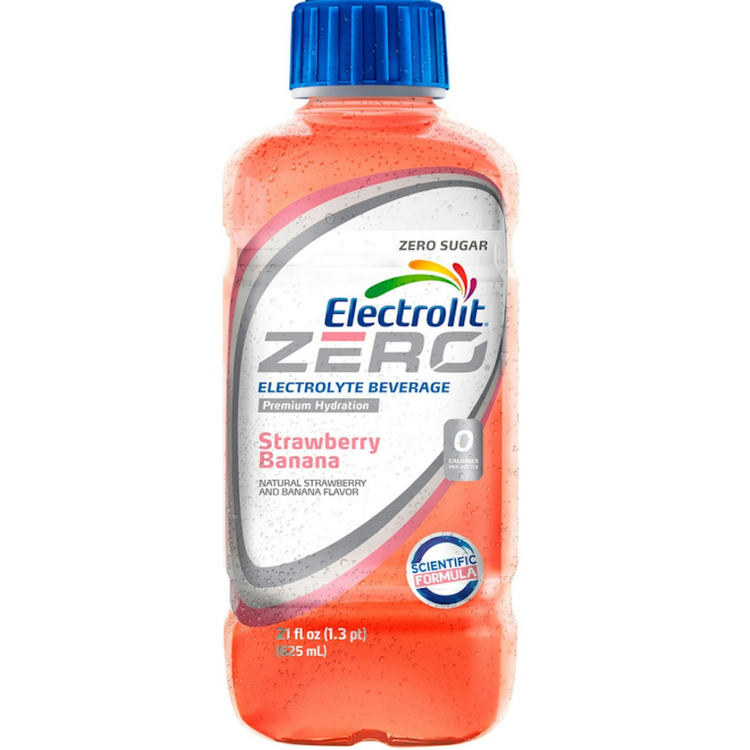 Electrolit Zero Strawberry Banana electrolyte drink in a 21oz bottle with bright label and fruit graphics