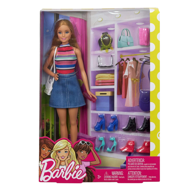 Barbie doll with accessories for children age 3 and up, featuring a blonde doll with clothing and toy accessories