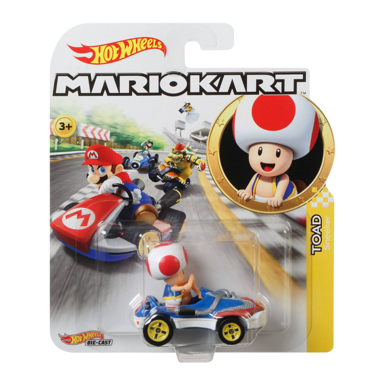 Hot Wheels Mario Kart Toad Sneeker die-cast vehicle in 1:64 scale, featuring bright colors and detailed Toad character design.