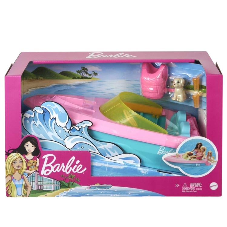 Mattel Barbie motorboat playset with accessories, featuring a colorful boat and miniature figures for imaginative water play.