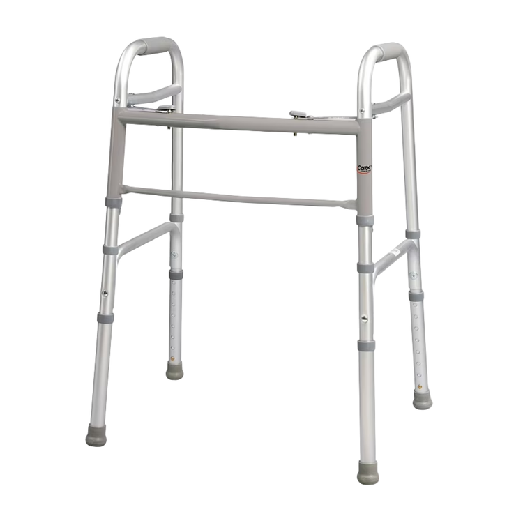 Aluminum folding walker for adults with adjustable height, featuring handgrips and mobility support, from Drive Medical.