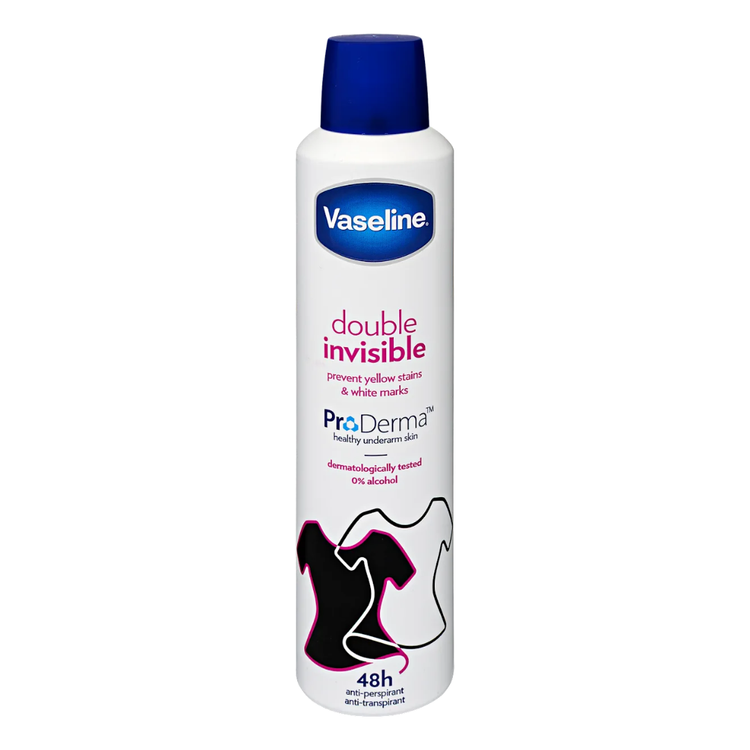 Vaseline Double Invisible Antiperspirant Deodorant Spray bottle, 8.5oz, with clear packaging and spray nozzle visible.