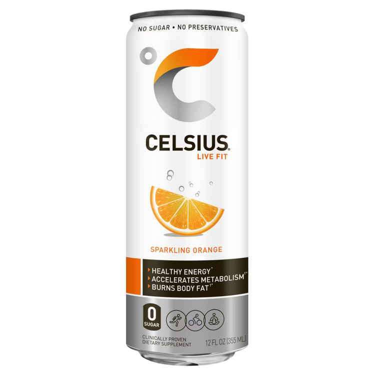 Celsius Orange Sparkling Fitness Drink in a 12 oz can, with bright orange label and refreshing carbonated appearance.