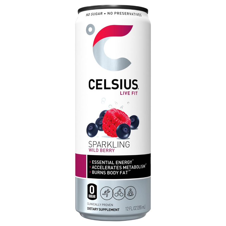 Celsius Wild Berry sparkling fitness drink in a 12 oz can with vibrant wild berry label and energetic design.