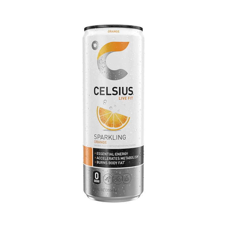 Celsius Live Fit Sparkling Orange energy drink in a 12oz can with bright orange label and citrus imagery.