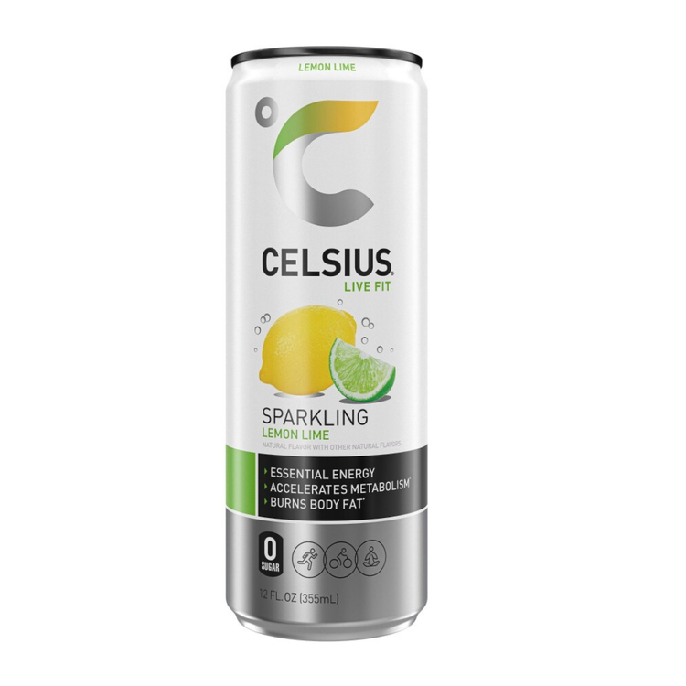 Celsius Live Fit Sparkling Lemon Lime energy drink in a 12oz can with bright lemon and lime graphics.