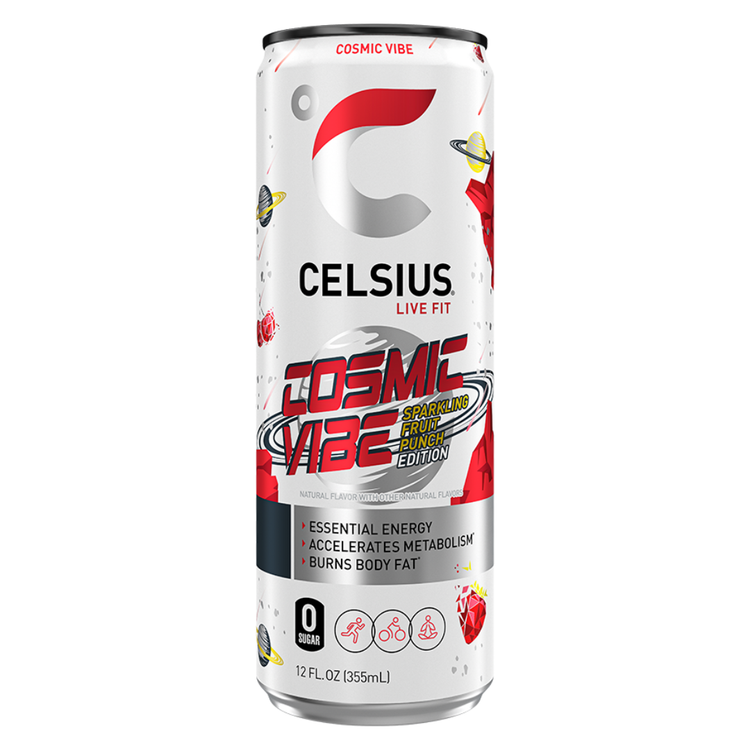 Celsius Cosmic Vibe Fruit Punch sparkling energy drink in 12oz can with colorful cosmic design, by Farmacias Savia.