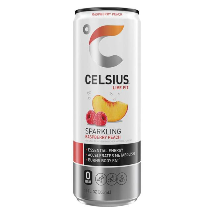 Celsius Live Fit Sparkling Raspberry Peach energy drink in 12oz can with vibrant label design.