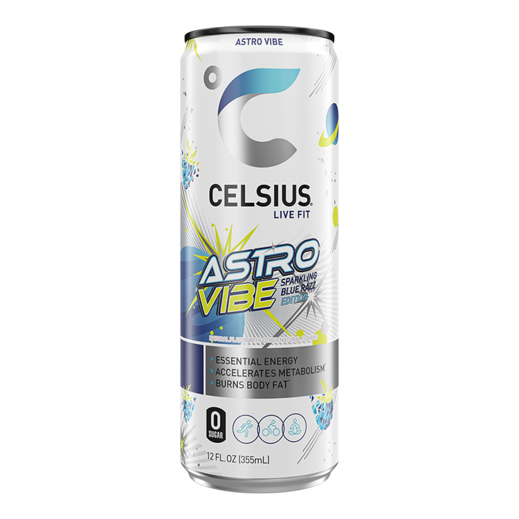 Celsius Vibe Astro Vibe Blue Razz sparkling energy drink can, 12oz, featuring vibrant blue raspberry flavor and energetic branding.
