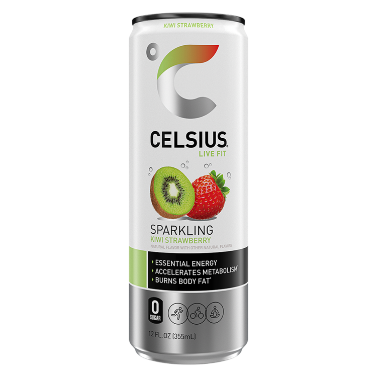 Celsius Live Fit Sparkling Kiwi Strawberry energy drink in a 12oz can, featuring vibrant kiwi and strawberry fruit imagery.