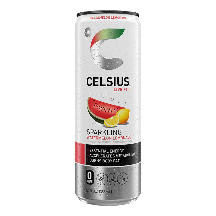 Celsius Live Fit Sparkling Watermelon Lemonade energy drink in a 12oz can with vibrant watermelon and lemon flavor design