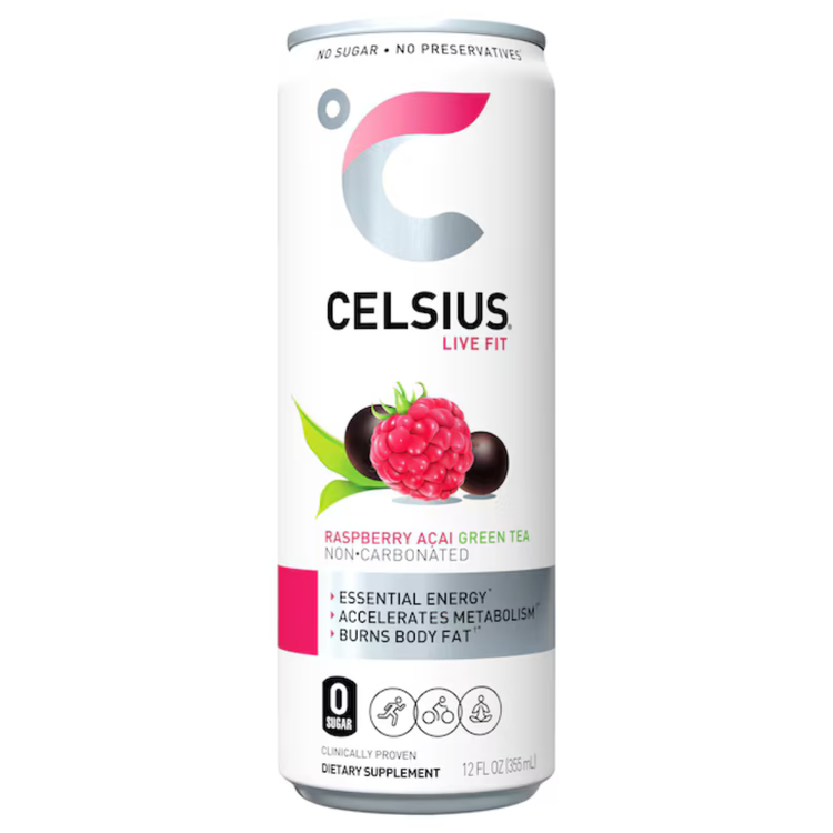 Celsius Live Fit Raspberry Acai Green Tea energy drink in a 12oz can, non-carbonated, with vibrant raspberry and acai flavor design