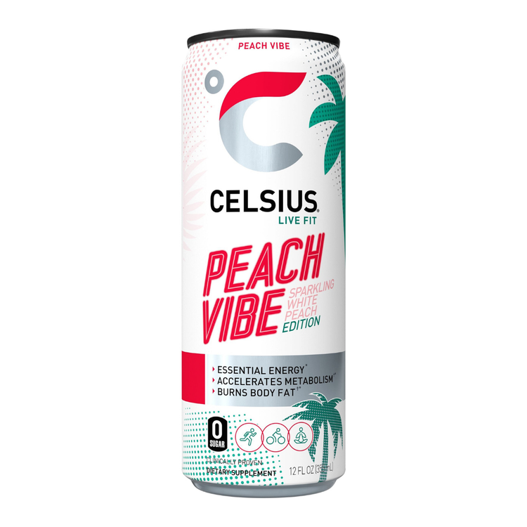 Celsius Live Fit Peach Vibe sparkling energy drink in 12oz can with peach flavor and white peach design.