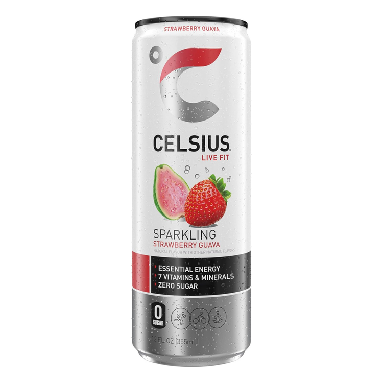 Celsius Live Fit Sparkling Strawberry Guava Energy Drink in a 12oz can with vibrant label, featuring strawberries and guava fruits.