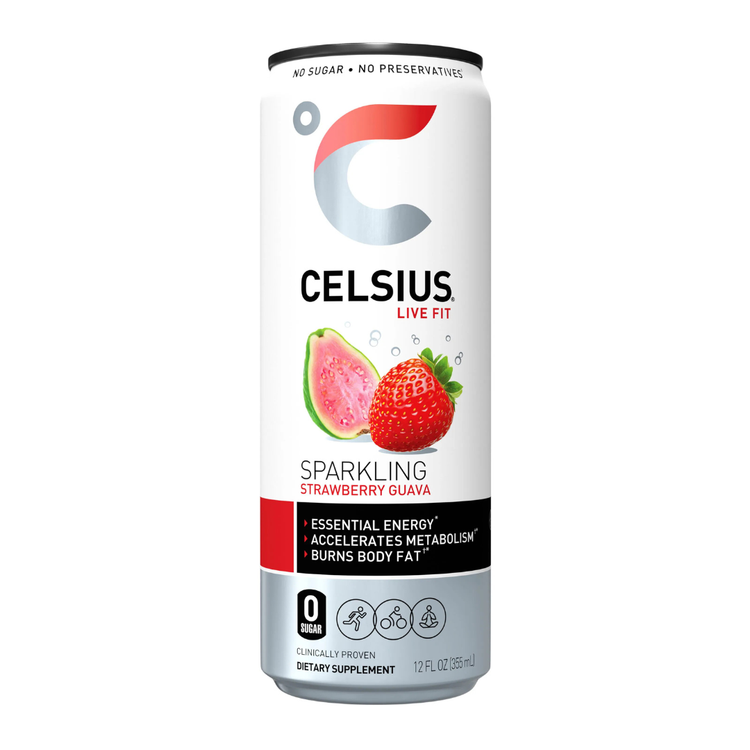 Celsius Live Fit Sparkling Strawberry Guava fitness drink in a 12oz can with vibrant label featuring strawberries and guava illustrations.