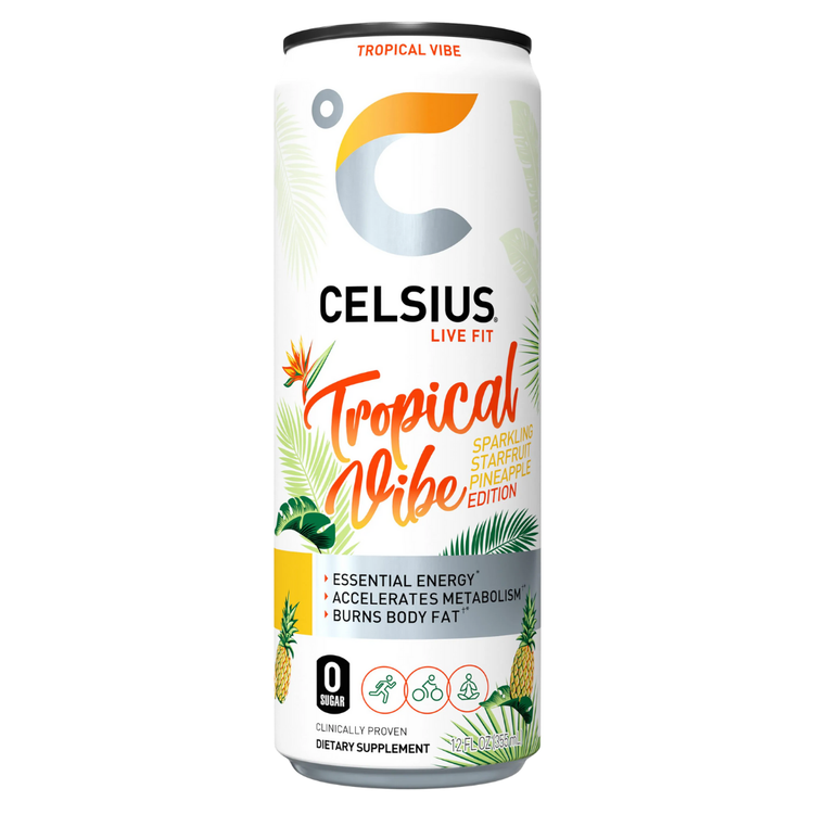 Celsius Tropical Vibe energy drink 12oz can with tropical fruit images and vibrant design, by Farmacias Savia.