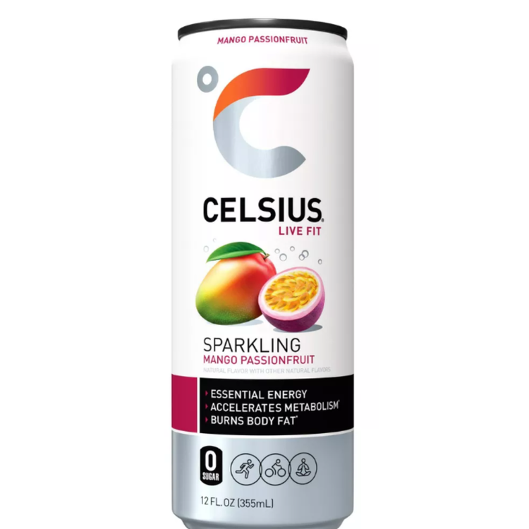 Celsius Live Fit Sparkling Mango Passionfruit fitness drink in a 12oz can with vibrant mango and passionfruit flavor design