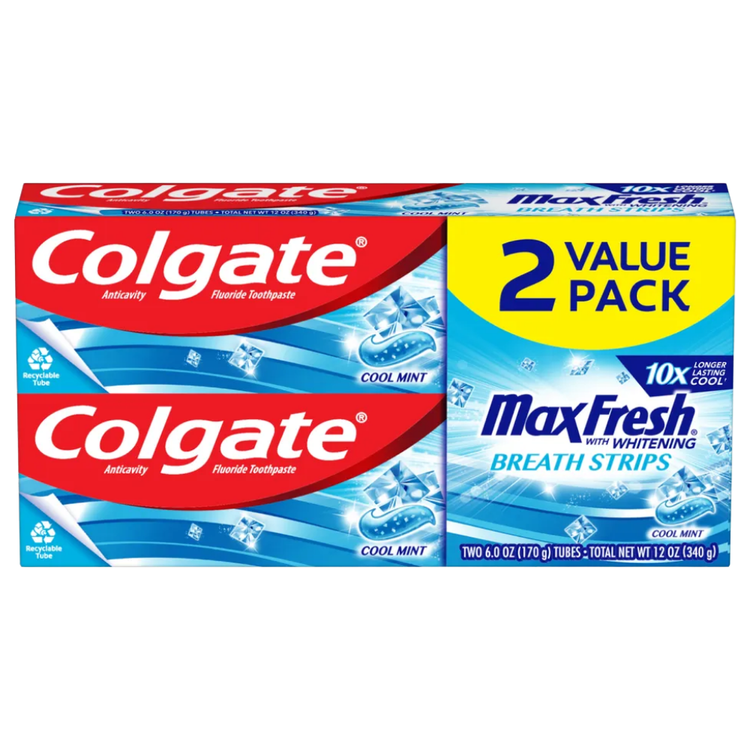 Colgate Max Fresh toothpaste with mini breath strips in a 2-pack, 5.6 oz each, for fresh breath and oral care.