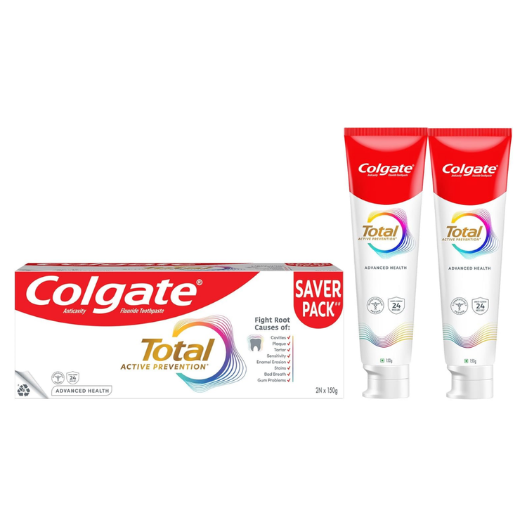 Twin pack of Colgate Total Active Prevention Toothpaste by Farmacias Savia, featuring two 5.2 oz tubes for oral care.