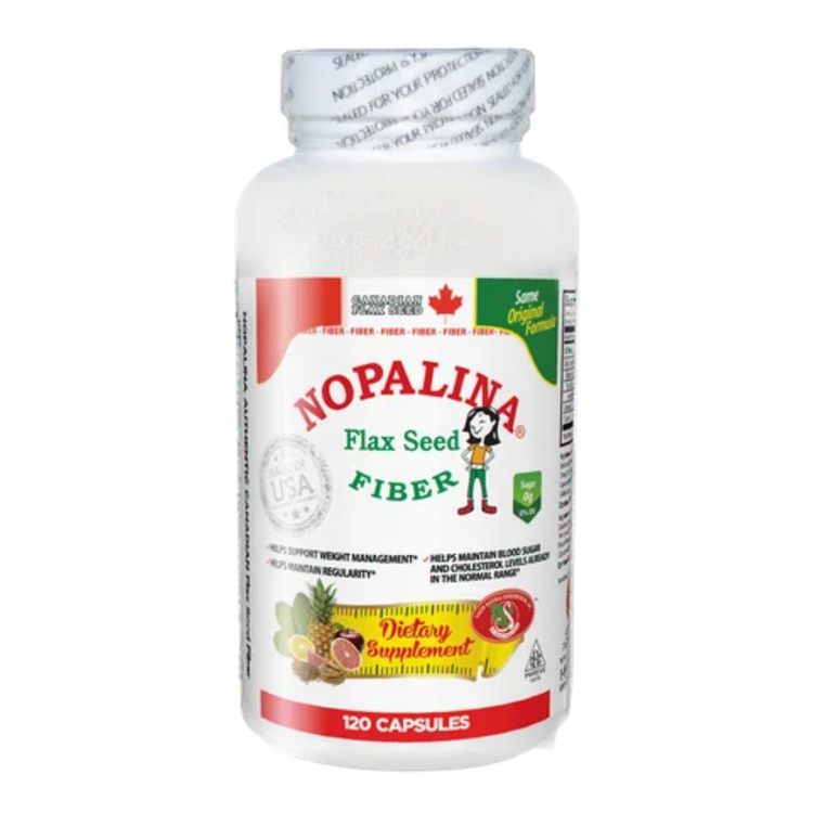 Nopalina flaxseed fiber supplement bottle with 240 capsules, dietary supplement by Farmacias Savia, showing capsule images and label