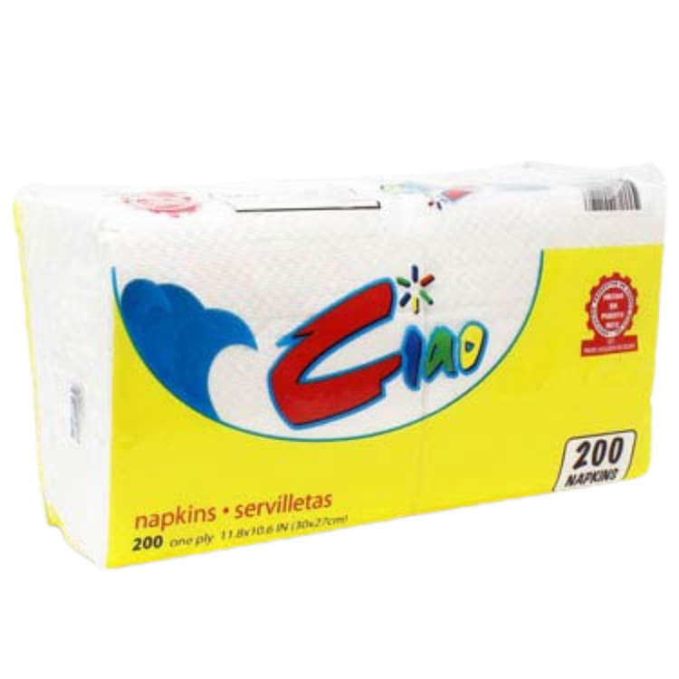 Farmacias Savia Ciao One-Ply Paper Napkins, 200-count, soft white napkins for everyday use, stacked neatly in the image.