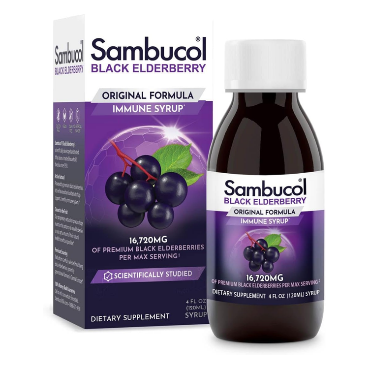 Farmacias Savia Sambucol Black Elderberry syrup in a 4oz bottle, featuring dark liquid and label with elderberry imagery.