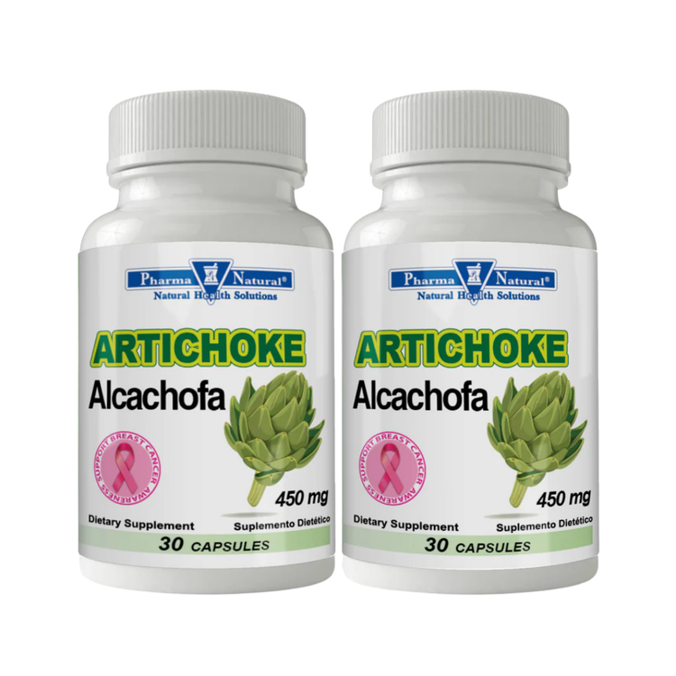 Pharma Natural Artichoke Alcachofa 450mg capsules, 2 bottles of 30 capsules each, with supplement bottles and labels.