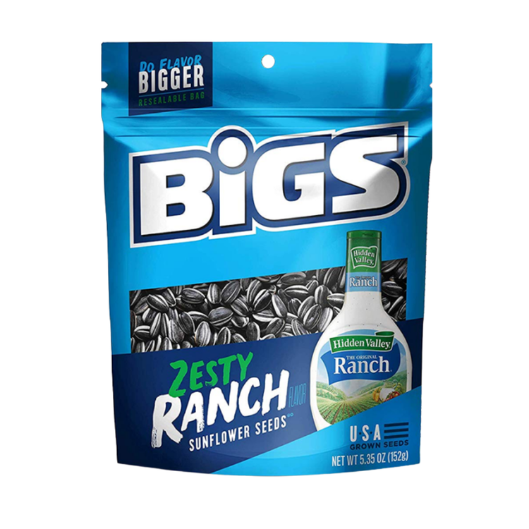 Farmacias Savia BIGS sunflower seeds ranch flavor in a 5.35oz bag, showing the snack with ranch seasoning visible.