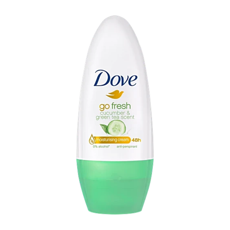 Dove Go Fresh Roll-On Deodorant in 1.35oz (40ml) with clear container, showcasing the deodorant stick and packaging.