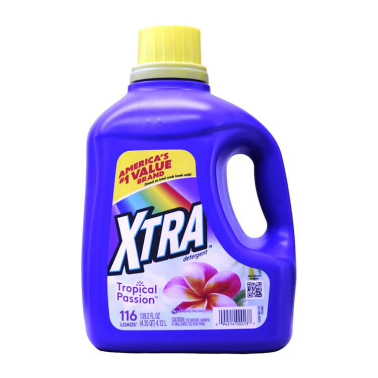XTRA Tropical Passion Liquid Laundry Detergent 139.2oz bottle with tropical-themed label and bright colors.