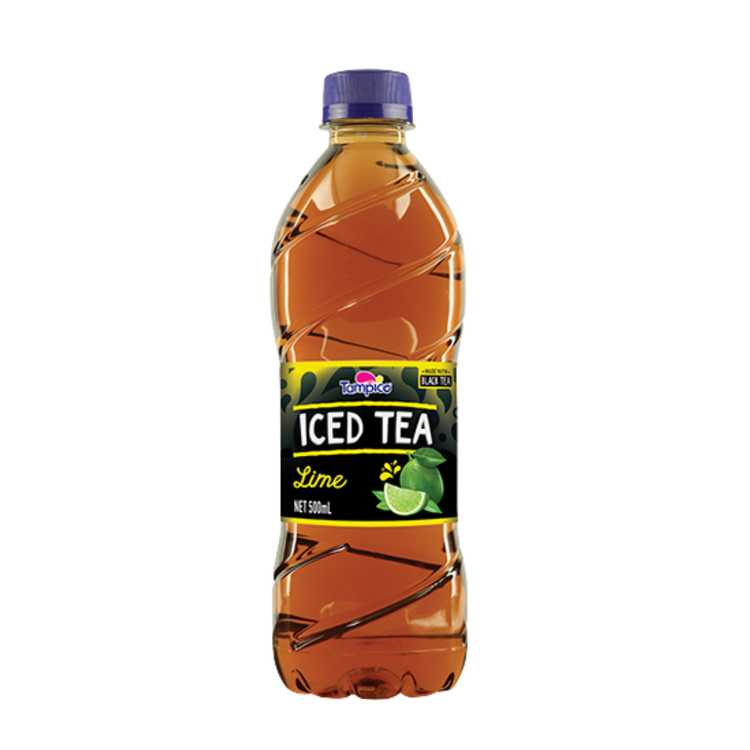 Lemon-flavored Tampico iced tea in a 16.9oz bottle, with bright yellow label and refreshing beverage inside.