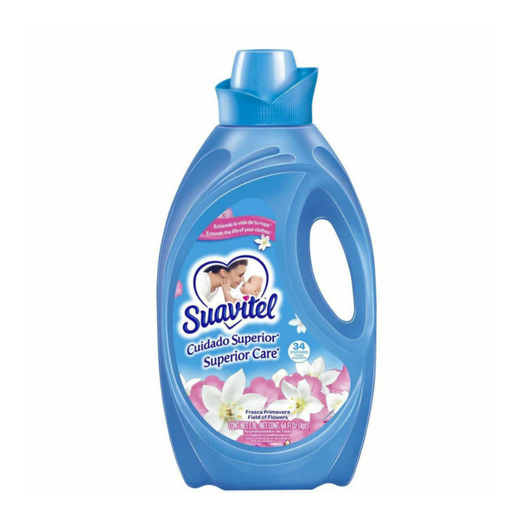 Farmacias Savia Suavitel Cuidado Superior Field of Flowers fabric softener 64oz bottle with floral label and softening formula