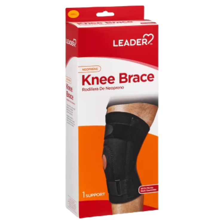 Black Leader neoprene knee brace for small-sized knees, shown in a single image with adjustable straps and open patella design.