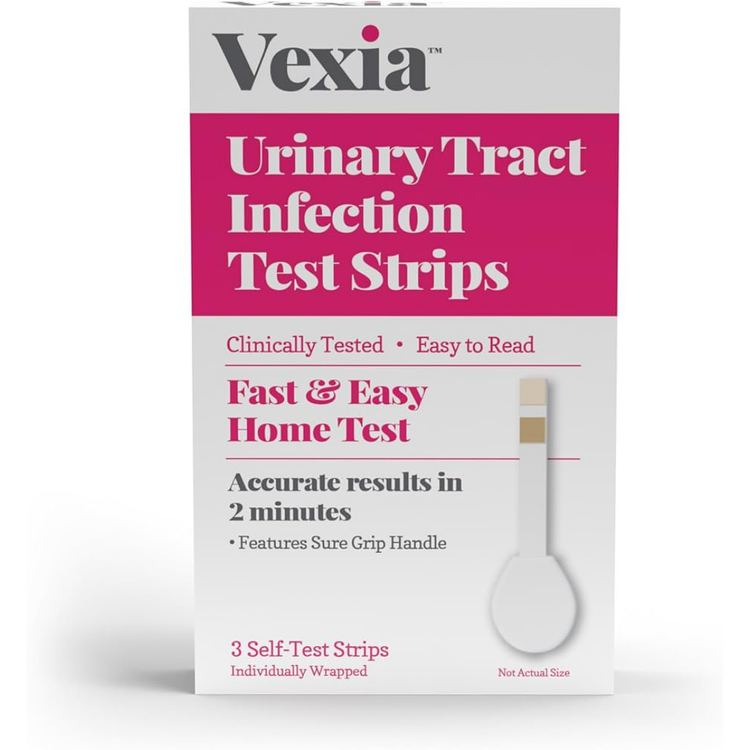 Vexia Urinary Tract Infection Test Strips by Farmacias Savia, 3-pack, showing test strip with color indicator for infection detection.