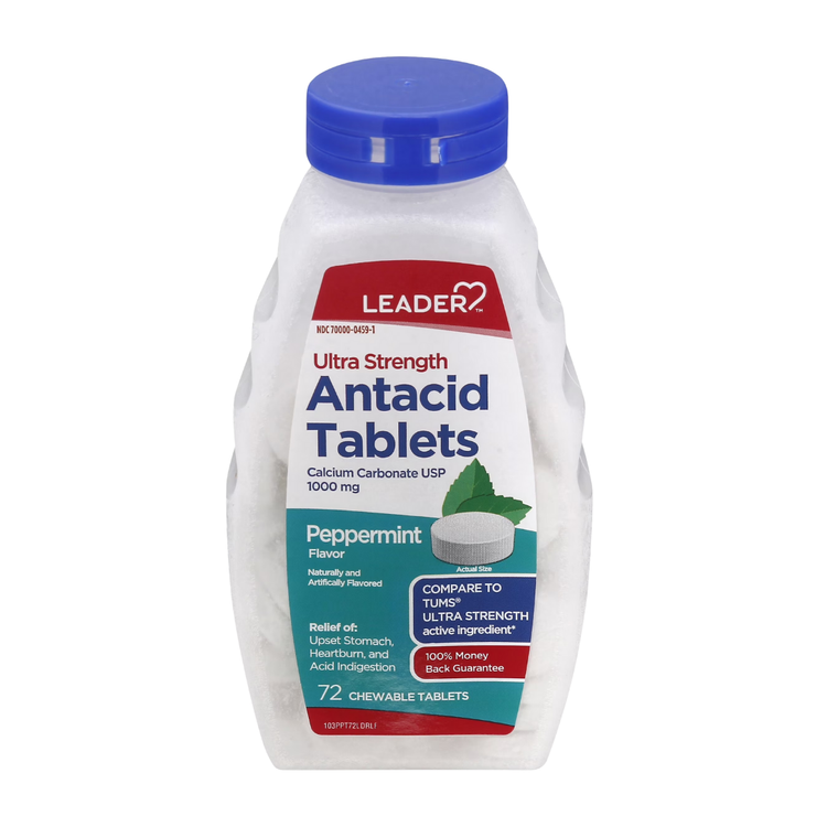Pack of 72 Farmacias Savia Leader Antacid Peppermint tablets in blister pack, used for indigestion relief.