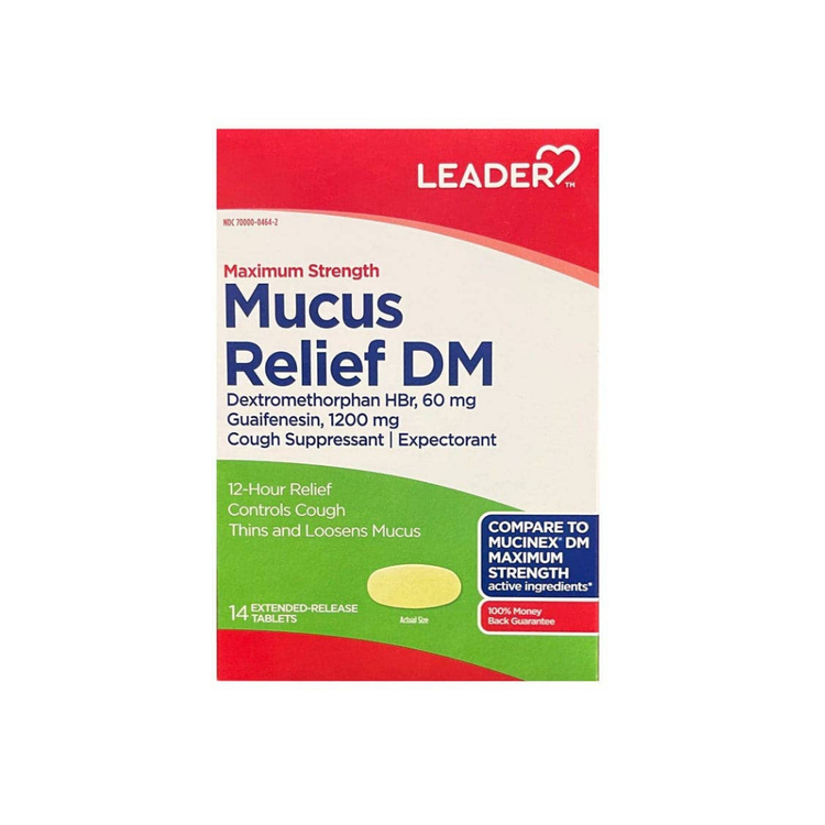 Farmacias Savia Leader Maximum Strength Mucus Relief DM 14-tablet bottle, extended-release OTC medication for cough and mucus relief.