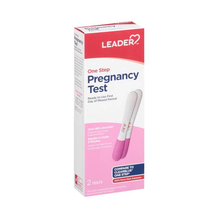 Two Leader Pregnancy Test Early Detection Kits for women, showing test strips and packaging with clear branding and instructions.