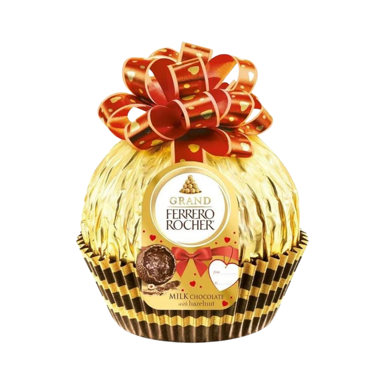 Grand Ferrero Rocher milk chocolate with hazelnut hollow figure, 4.4oz, featuring a detailed chocolate and hazelnut design.