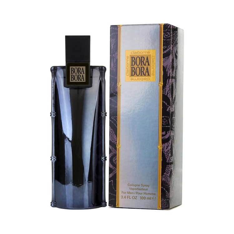 Liz Claiborne Bora Bora Eau de Cologne spray for men, 3.4oz bottle with clear glass and white cap, displayed in natural light.