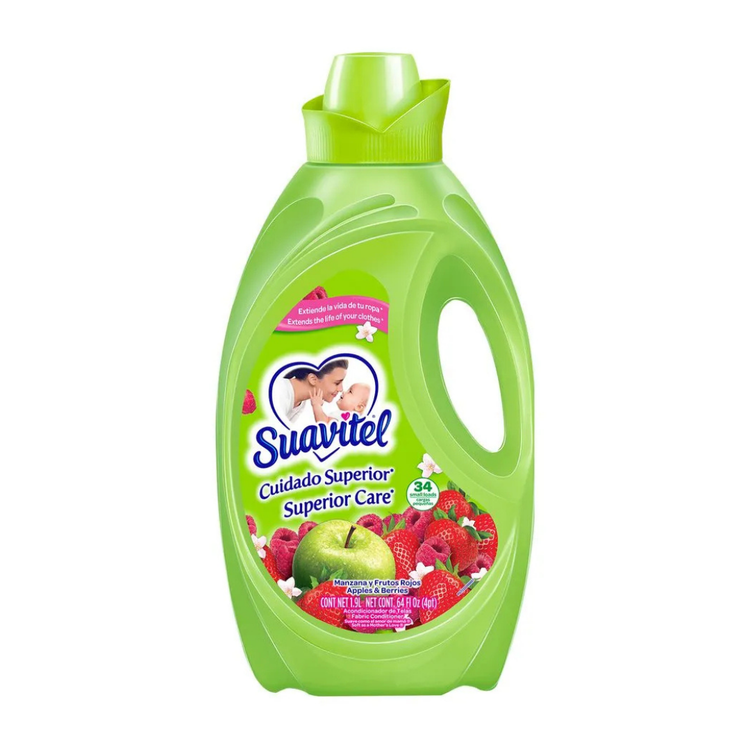 Farmacias Savia Suavitel Cuidado Superior fabric softener in 64oz bottle with apples and berries scent