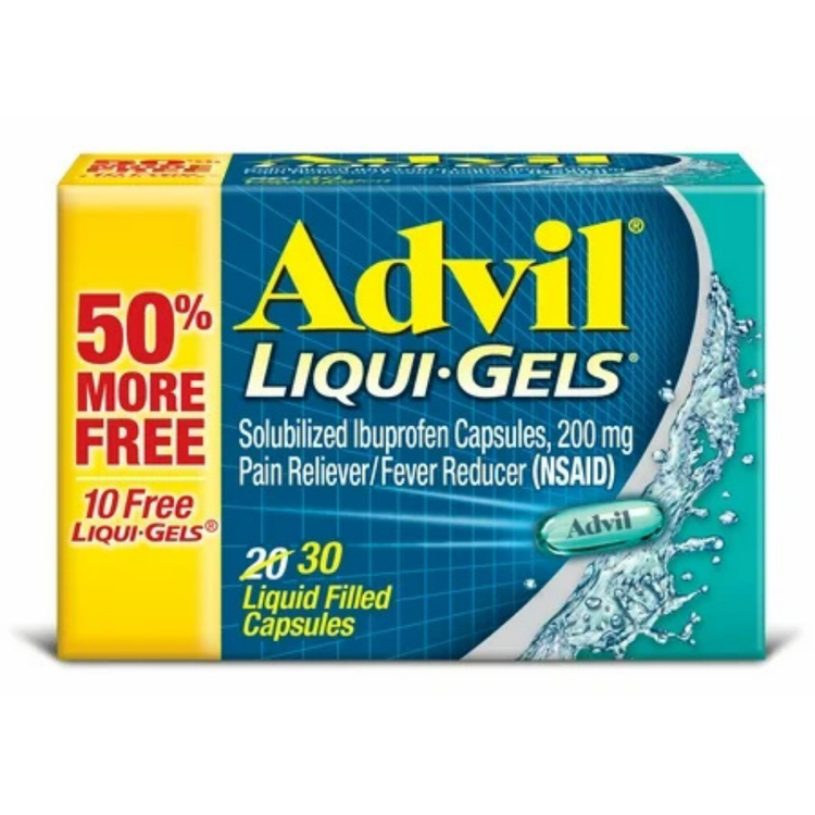 Advil Liqui-Gels Ibuprofen 200 mg capsules for pain relief and fever reduction, shown in a blister pack.