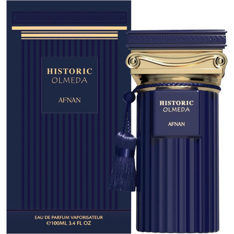 A 3.4 oz Afnan Historic Olmeda Eau de Parfum spray for men, featuring a sleek bottle with elegant design and gold accents.