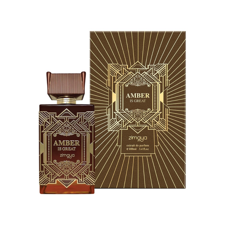 Afnan Zimaya Amber Is Great unisex perfume bottle, 3.4 oz, with elegant packaging and amber-colored liquid inside.
