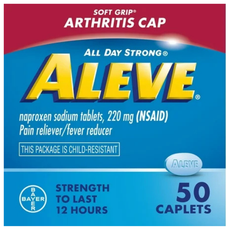 Box of Aleve Arthritis Caplets 220 mg with 50 caplets in blister pack, analgesic and fever relief medication from Farmacias Savia.