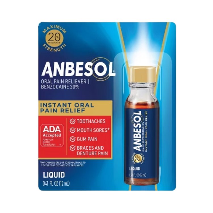 Farmacias Savia Anbesol M/S Medicated Oral Pain Relief Gel in 0.41 oz tube, used for soothing mouth pain and discomfort.