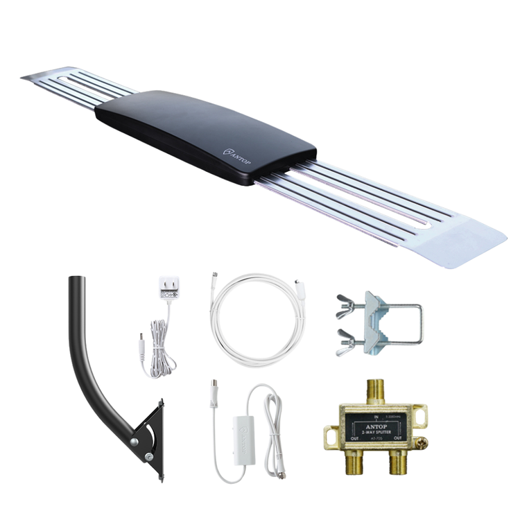 ANTOP Wing SmartPass antenna for home use, designed for improved TV signal reception, with a sleek black finish and compact design.
