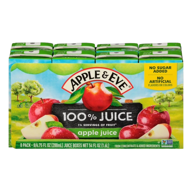 Box of Apple & Eve apple juice bottles, 8-pack, natural fruit juice from Farmacias Savia.