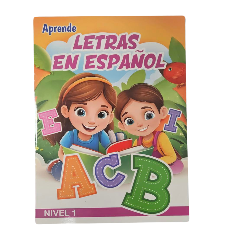 Learn Spanish alphabet with Aprende Letras en Español Nivel 1 school workbook by Farmacias Savia, featuring colorful letter illustrations.